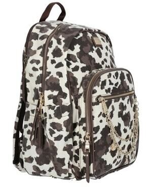 Steve Madden NYC Animal Cow Print Backpack Zip Pockets Chain Charm Black/White
